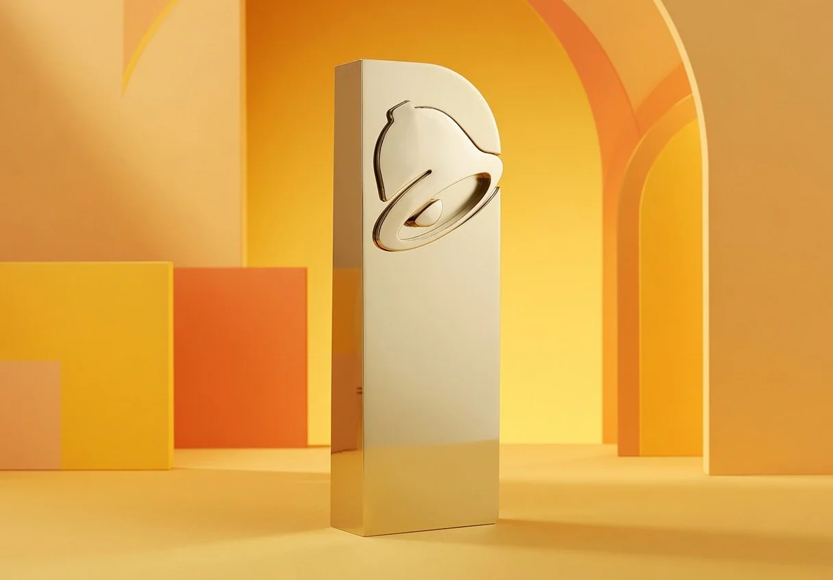 A tall, rectangular, reflective sculpture trophy with the Taco Bell logo with an abstract, metallic outline of a face on top, set against a yellow and orange background with geometric shapes and arches.