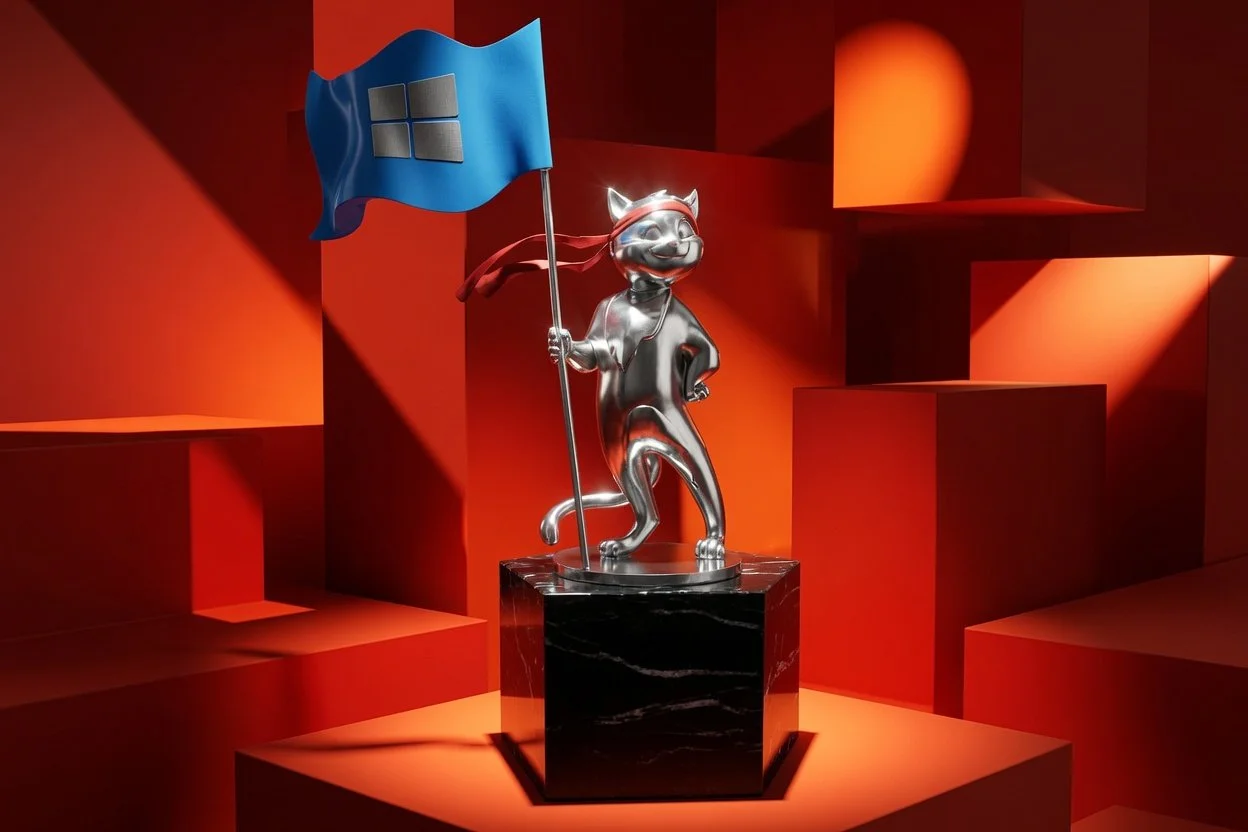A metal statue of a cat holding a flag with a Windows logo stands on a black marble pedestal against a geometric orange-red background.