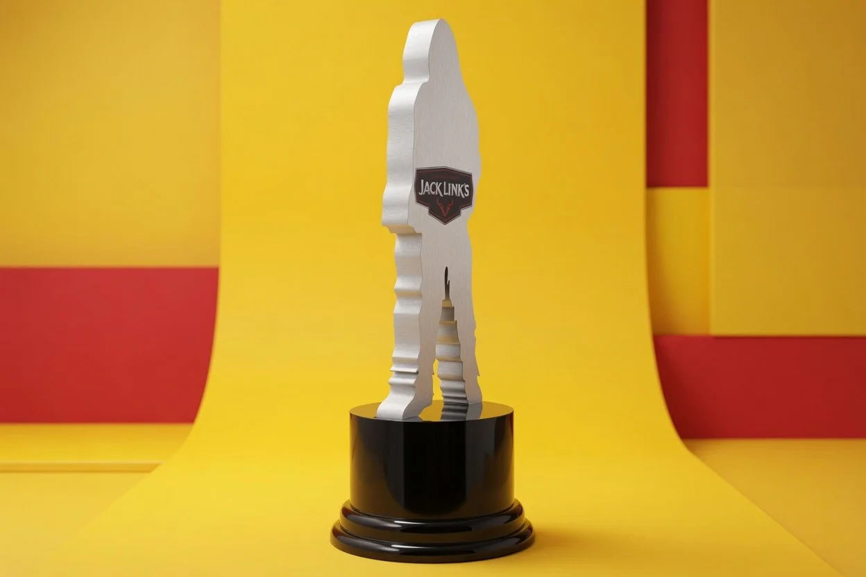 A silver-colored silhouette trophy with a Jack Link's logo, mounted on a black base, against a yellow and red background.