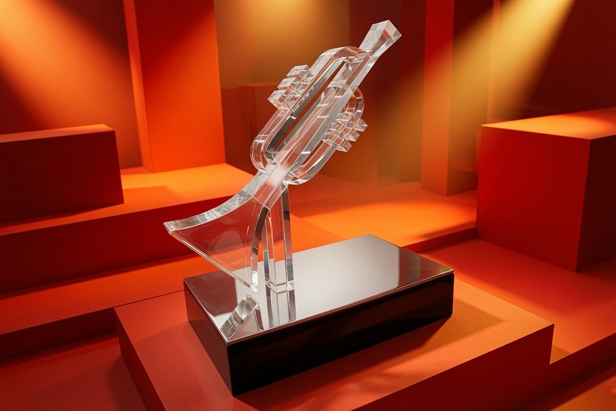 A clear acrylic trumpet custom trophy sits on a black display stand in a gold and red-lit room for a 