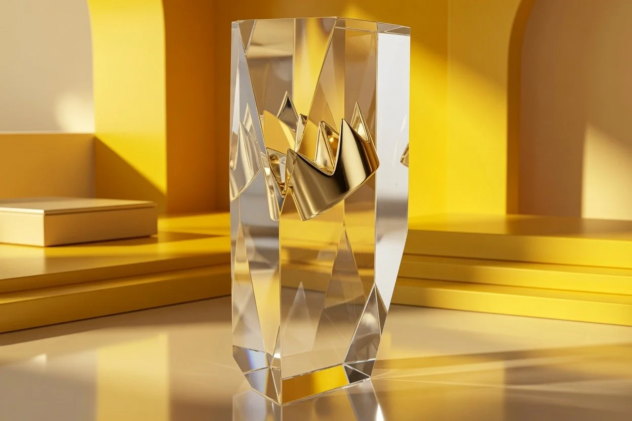 A tall, clear crystal custom corporate award sculpture with a gold crown inside on a yellow surface, reflecting light and casting shadows, with yellow stairs and geometric shapes in the background.