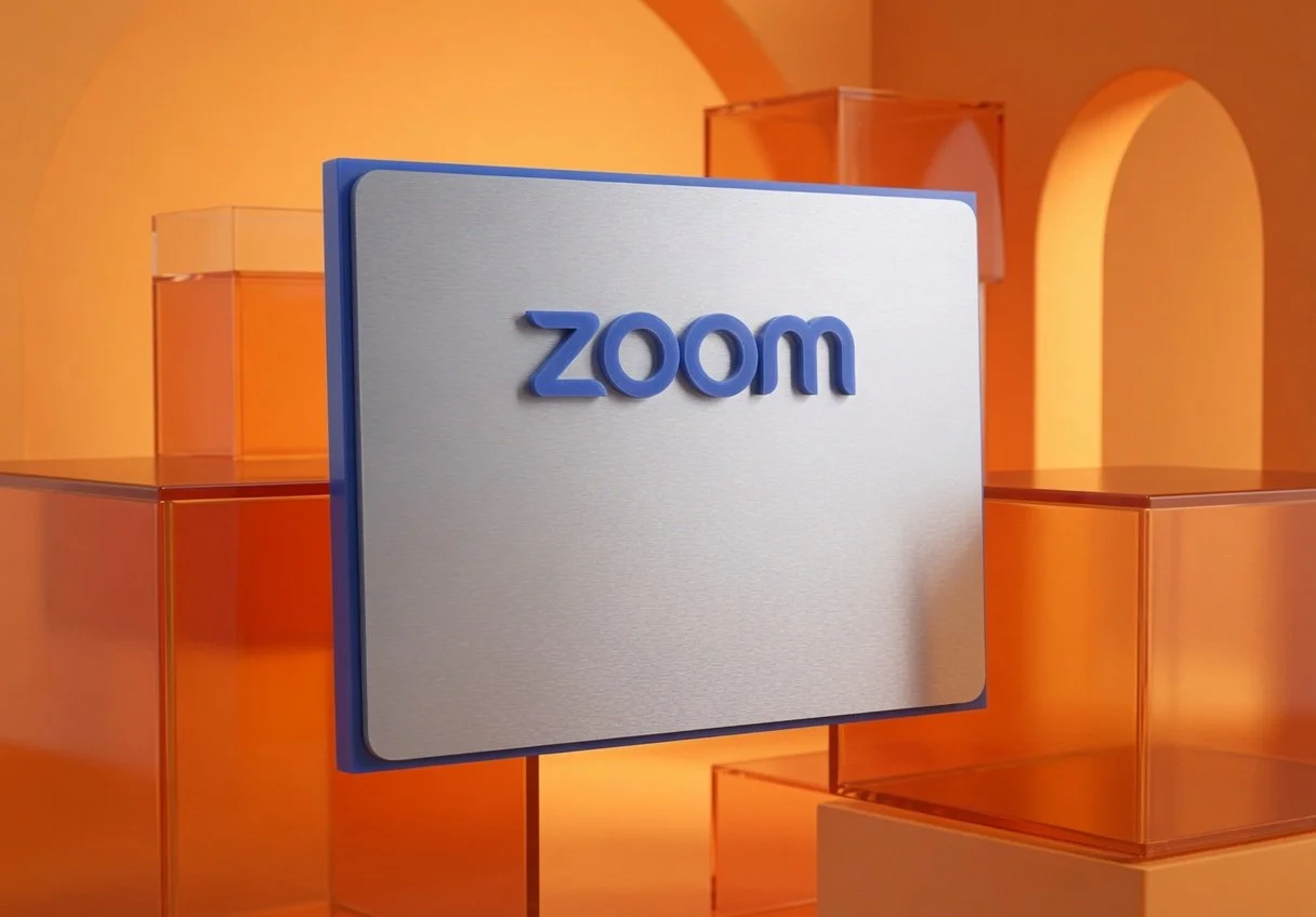 Zoom logo metal plaque for a custom corporate award with an orange background and transparent orange cubical props.