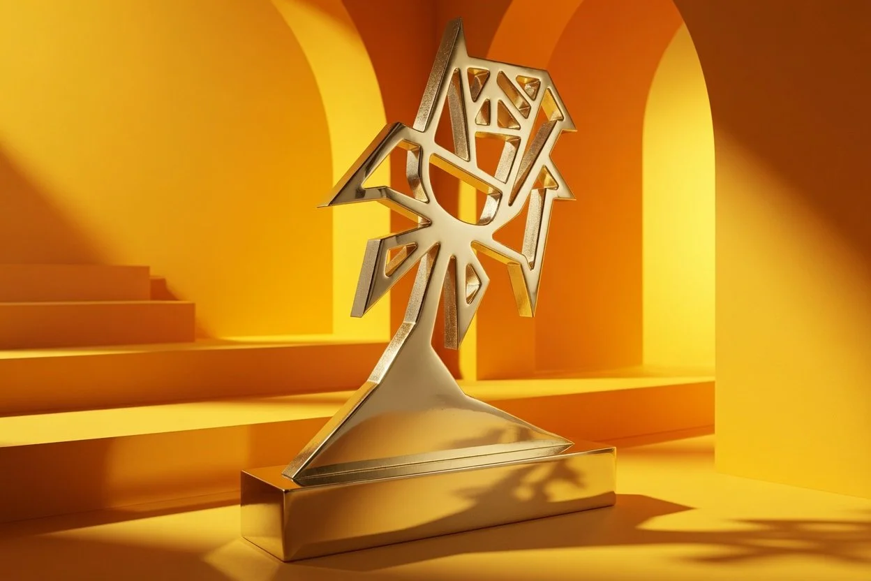 A metallic abstract sculpture corporate award resembling a sun hangs on a yellow wall with arches, casting shadows on the orange surface below.