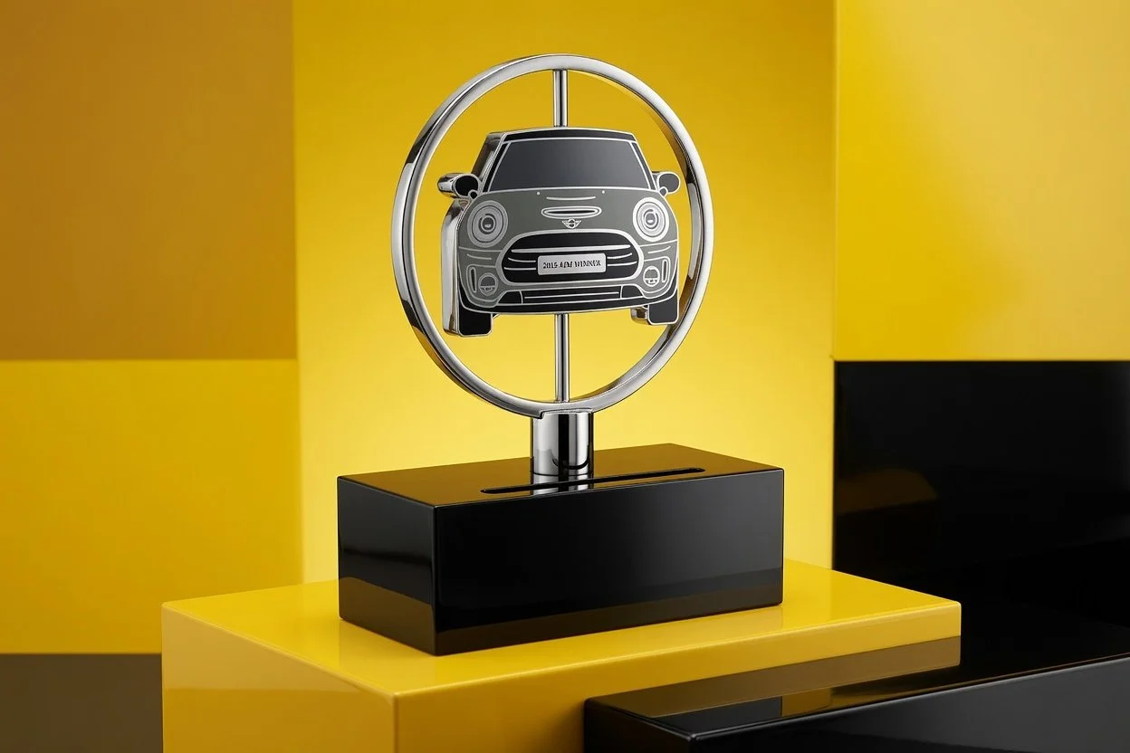 A custom corporate award of a Mini Cooper car illustration inside a circular frame, placed on a yellow and black surface with a yellow and black background.