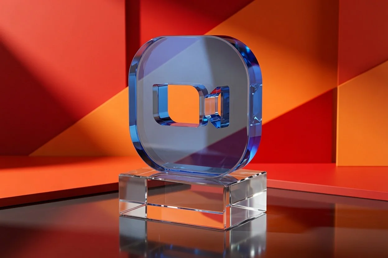 A crystal award with a cutout of the Google Meet logo, displayed on a clear pedestal against a geometric orange and red background.