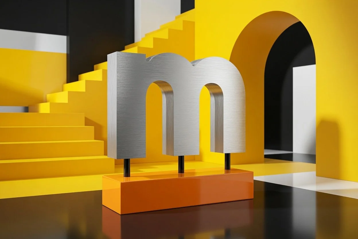 Modern art display featuring a large metallic letter 'm' on an orange base, with yellow stairs and architectural structures in the background.