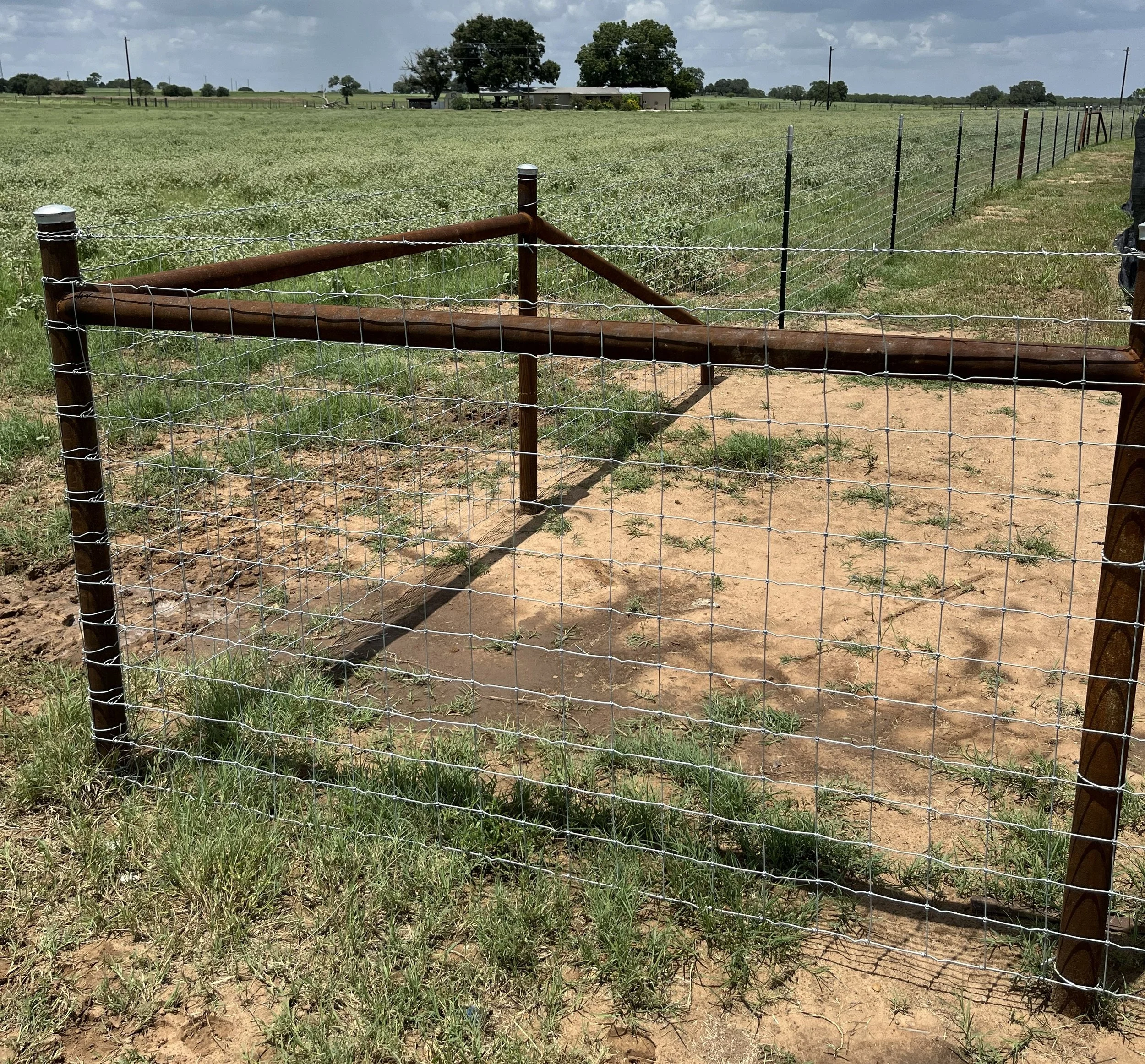 A rural landscape featuring a fenced-in grassy field with some wildflowers, a house with trees in the background, under a partly cloudy daytime sky.