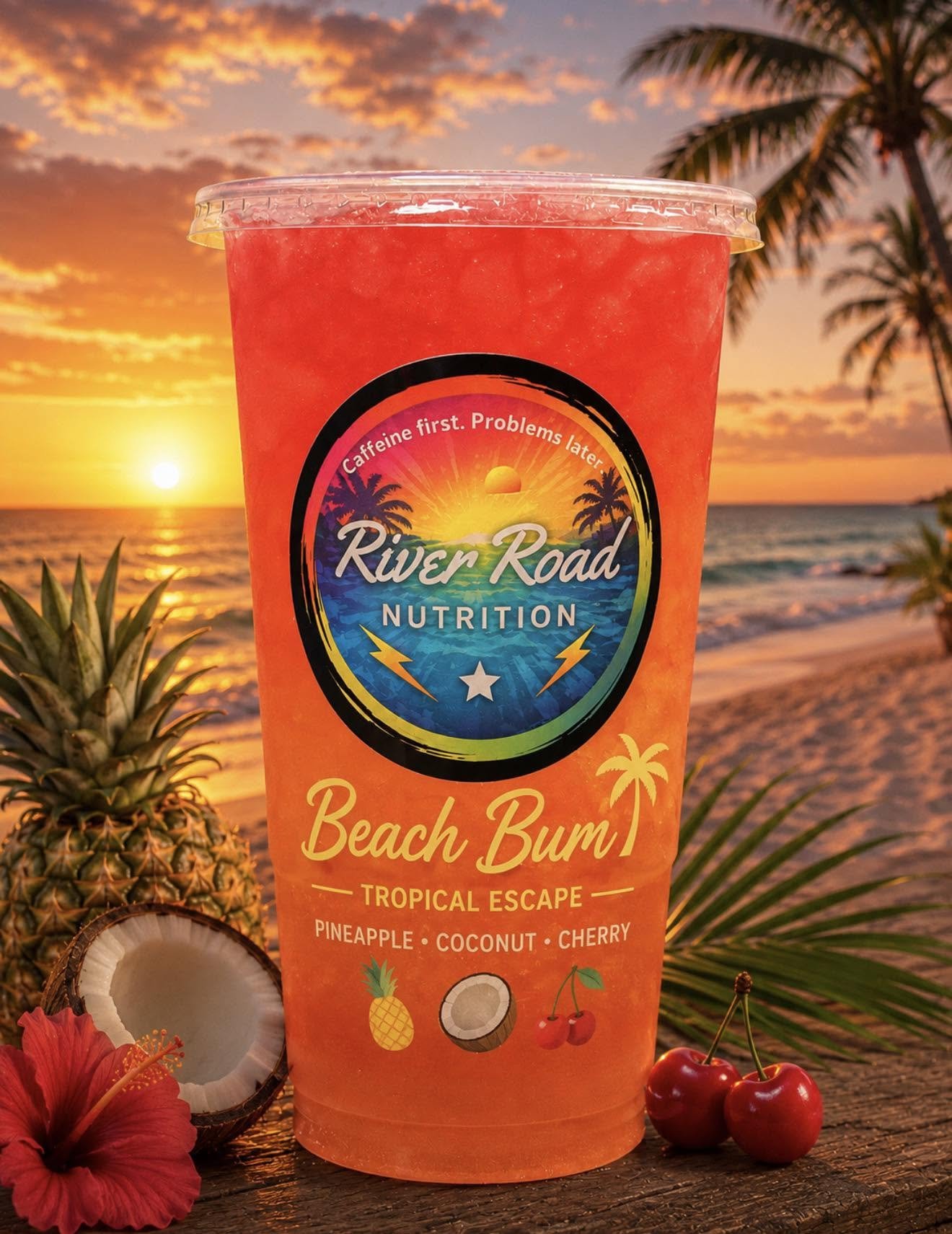 A tropical flavored refreshment in a plastic cup with a lid, featuring a beach scene and the brand name 'River Road Nutrition.' The flavor is 'Beach Bum,' with pineapple, coconut, and cherry ingredients, set against a sunset background with palm tree