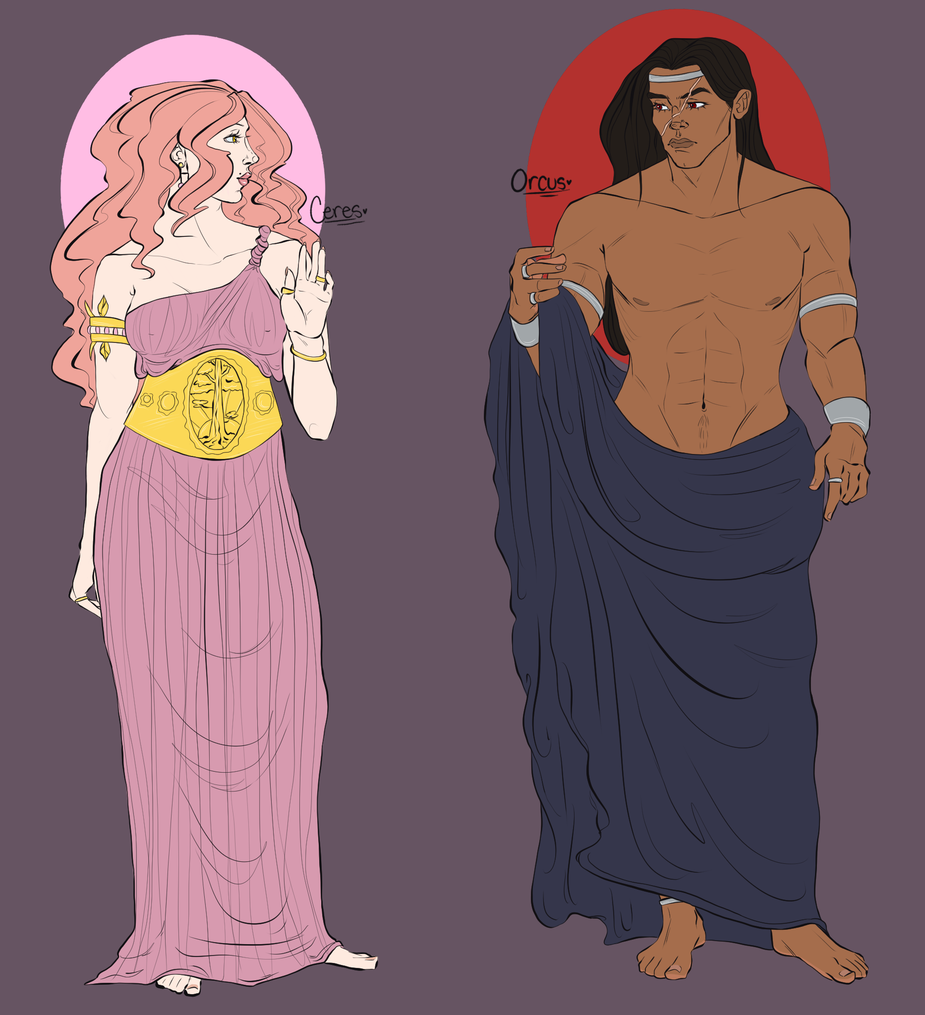 Illustration of two characters inspired by mythological figures. The female figure on the left has long, wavy pink hair, wearing a purple dress with a yellow belt featuring a face and symbols, and gold jewelry. The male figure on the right is shirtless, with dark hair, a headband, and a dark blue cloth draped over his arm, with a red circle behind him. The characters are labeled with handwritten text "Ceres" next to the female and "Orcus" next to the male.