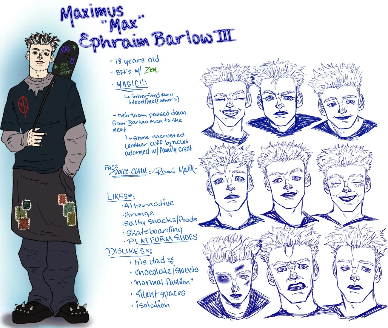 Hand-drawn character profile of Maximus 'Max' Ephraim Barlow III, an 18-year-old with a skateboard platform shoes, and a skirt with patches. The profile includes notes about his background, likes, dislikes, and a series of nine expressive sketches of his face showing different emotions.