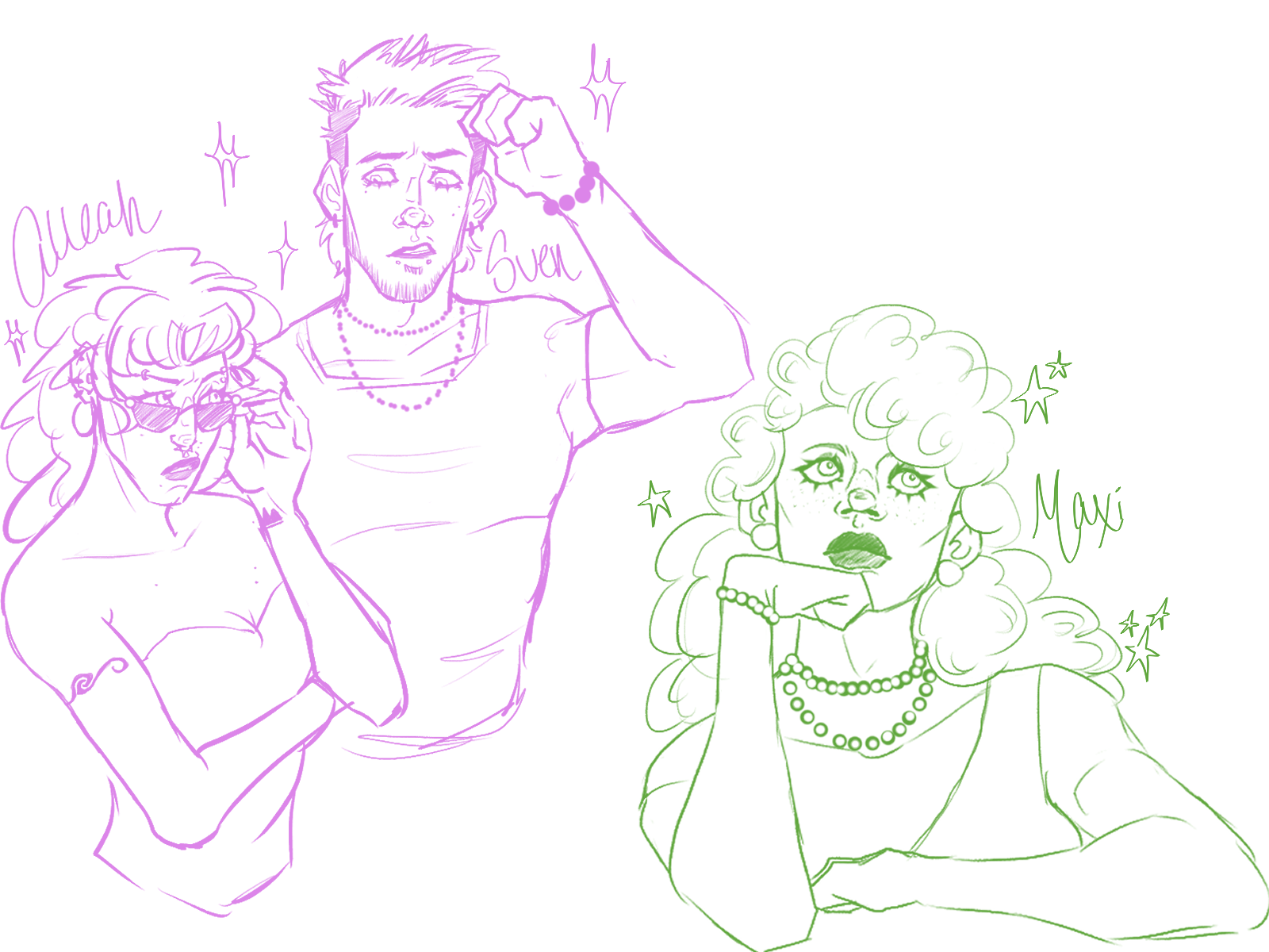 A colorful line drawing of three fashionable people with playful expressions and accessories.
