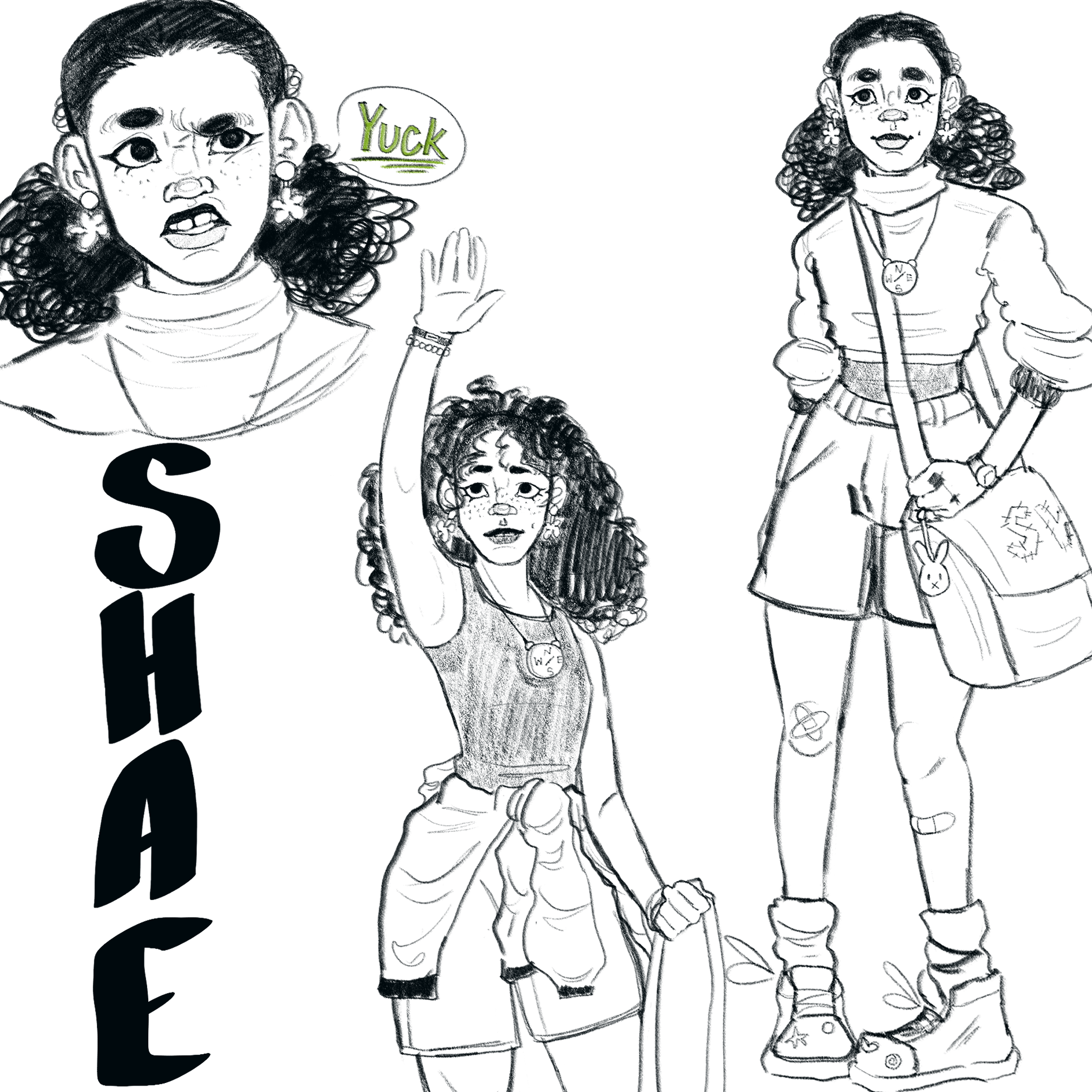 Black and white sketches of a young girl, one with a speech bubble that says 'Yuck,' and one wearing a necklace with a compass pendant.