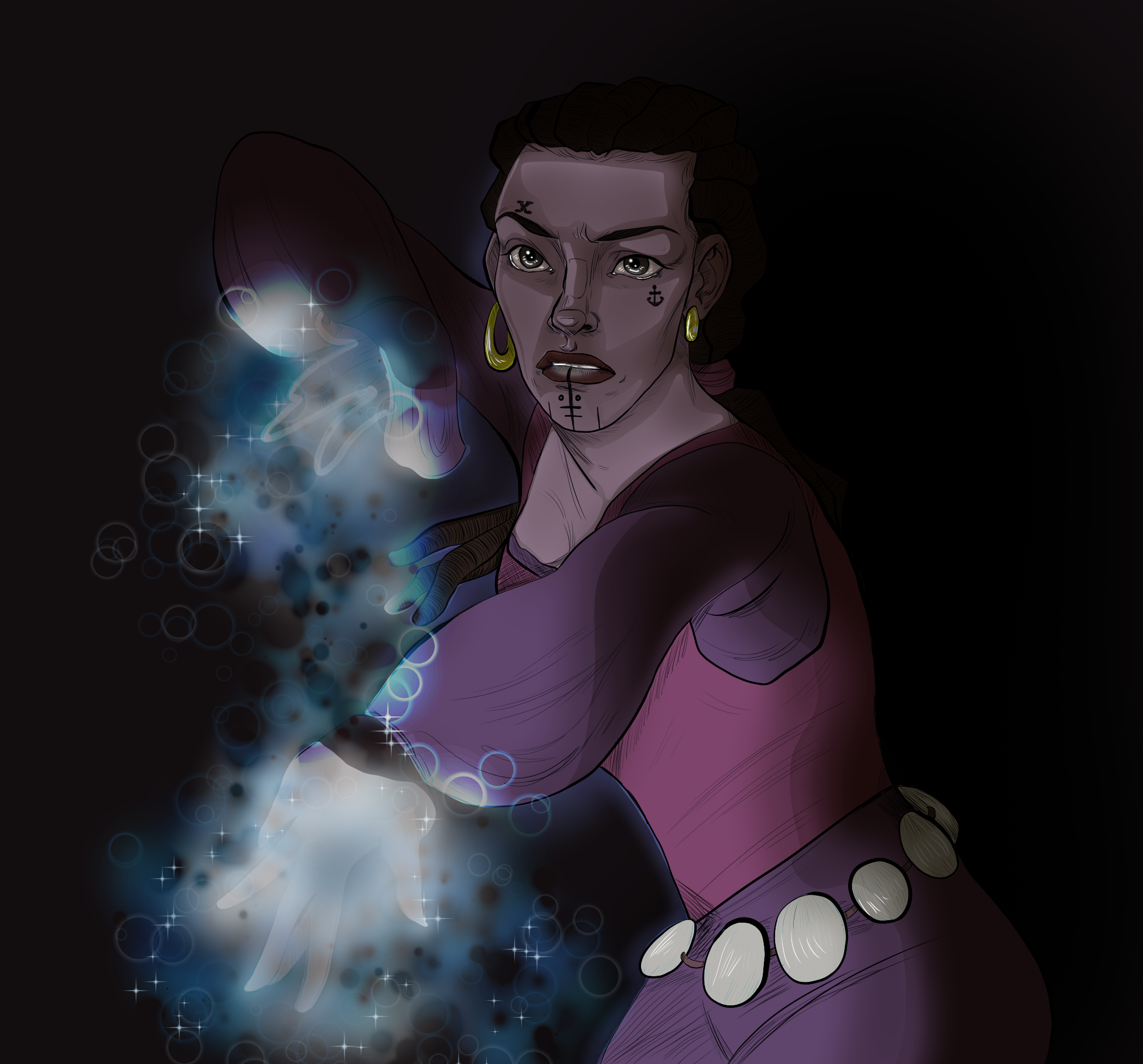 Digital illustration of a woman with tattoos on her face wearing yellow earrings and a hoodie, with glowing blue and white light effects around her hand.