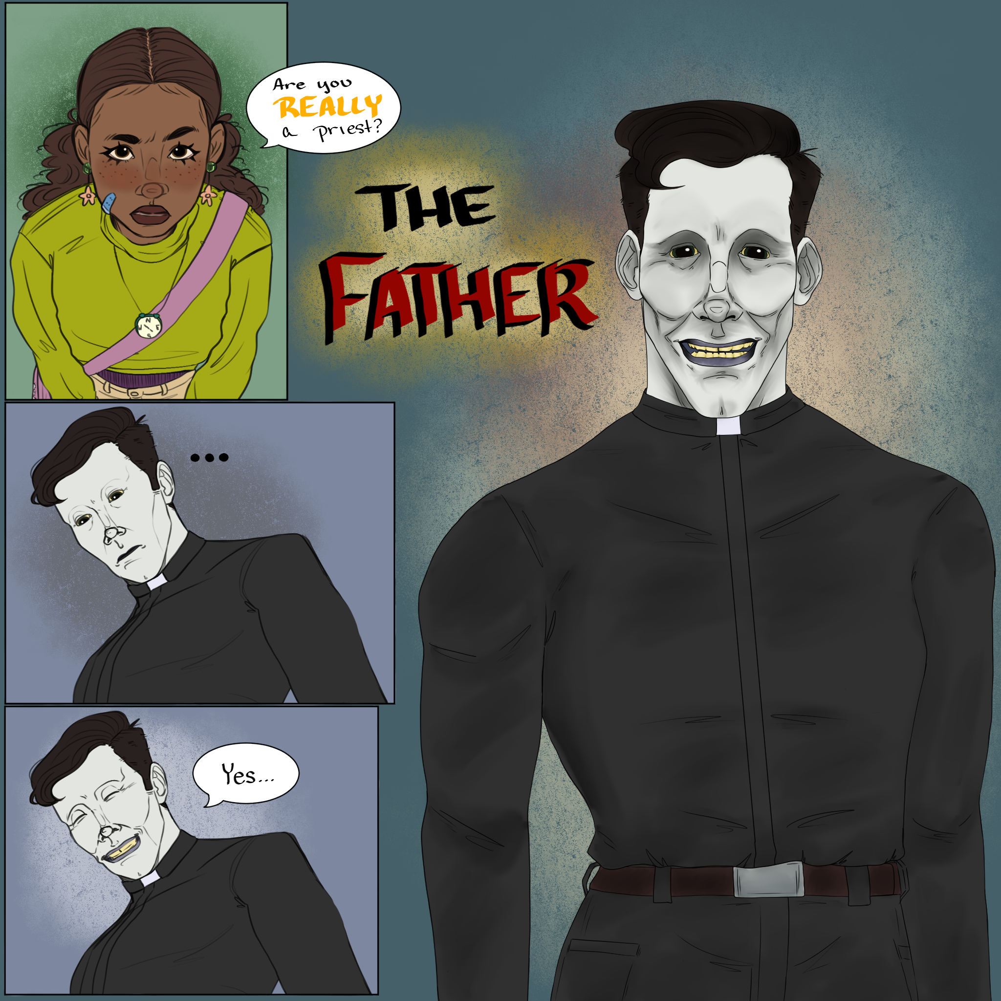 A comic style image showing a girl with brown hair, freckles, and green earrings asking a man if he is really a priest, with the man dressed as a priest with pale skin, black hair, and a black clerical shirt, responding yes.