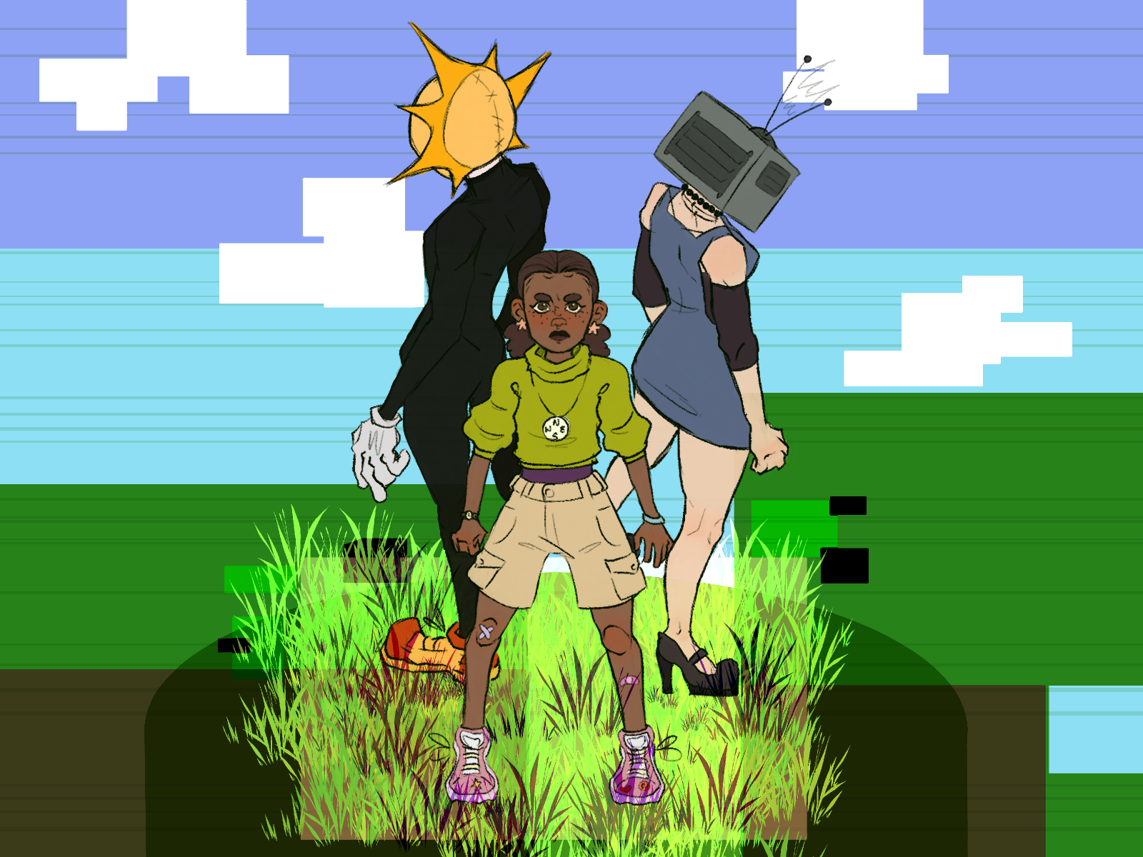 Three characters standing on a grassy field with a blue sky and clouds in the background. The central character is a young girl wearing a green sweater, beige shorts, and pink sneakers. Behind her is a person with a sun-shaped head wearing a black suit. To her right is a person with a television for a head, wearing a blue dress and high heels.