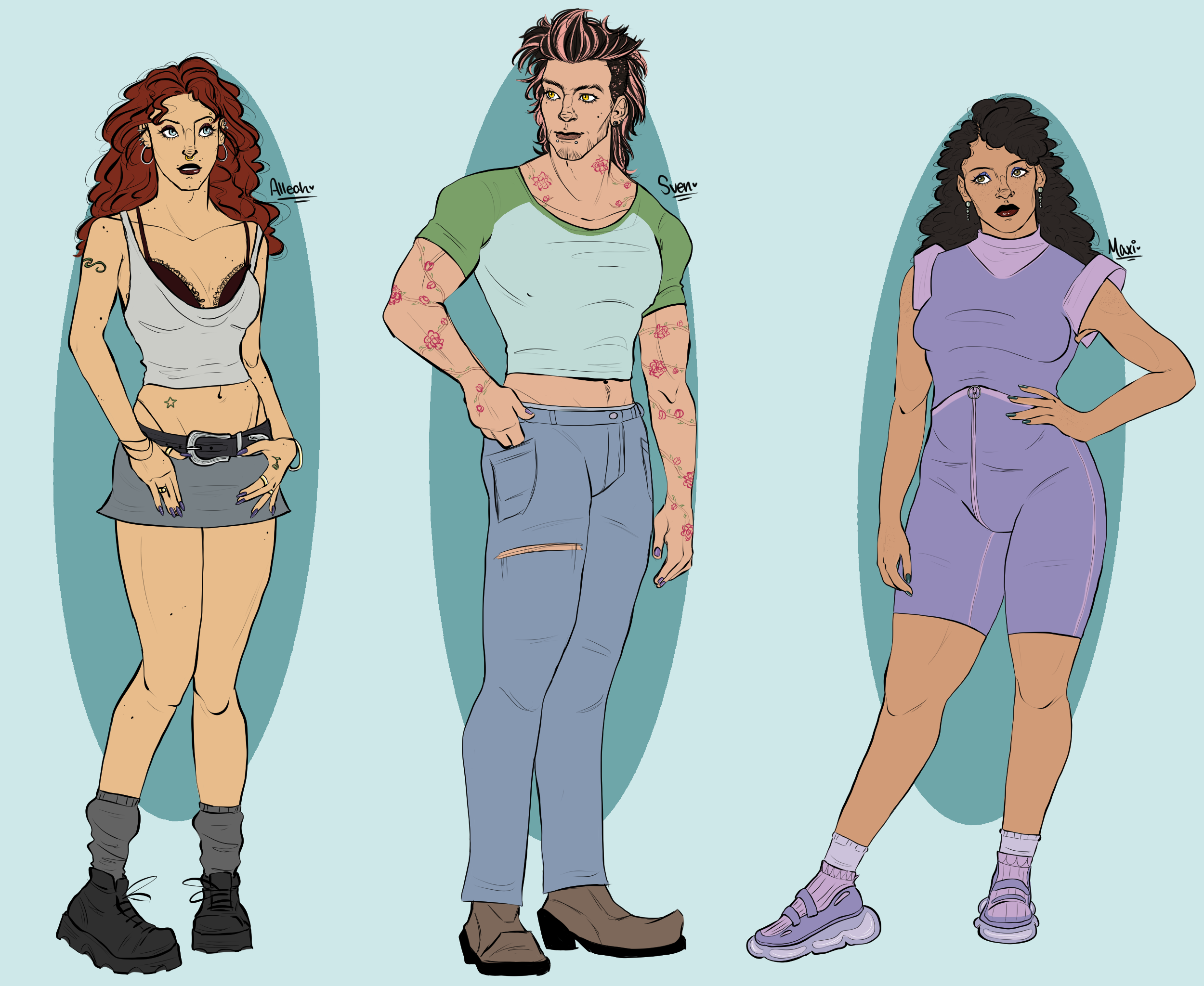 Three animated characters standing side by side with light blue background. The first character is a woman with curly red hair, tattoos, wearing a white tank top, gray skirt, and black boots. The second character is a man with spiky pink and black hair, tattoos, wearing a light green and white shirt, ripped jeans, and brown boots. The third character is a woman with curly black hair, wearing a purple sleeveless dress and purple sneakers.
