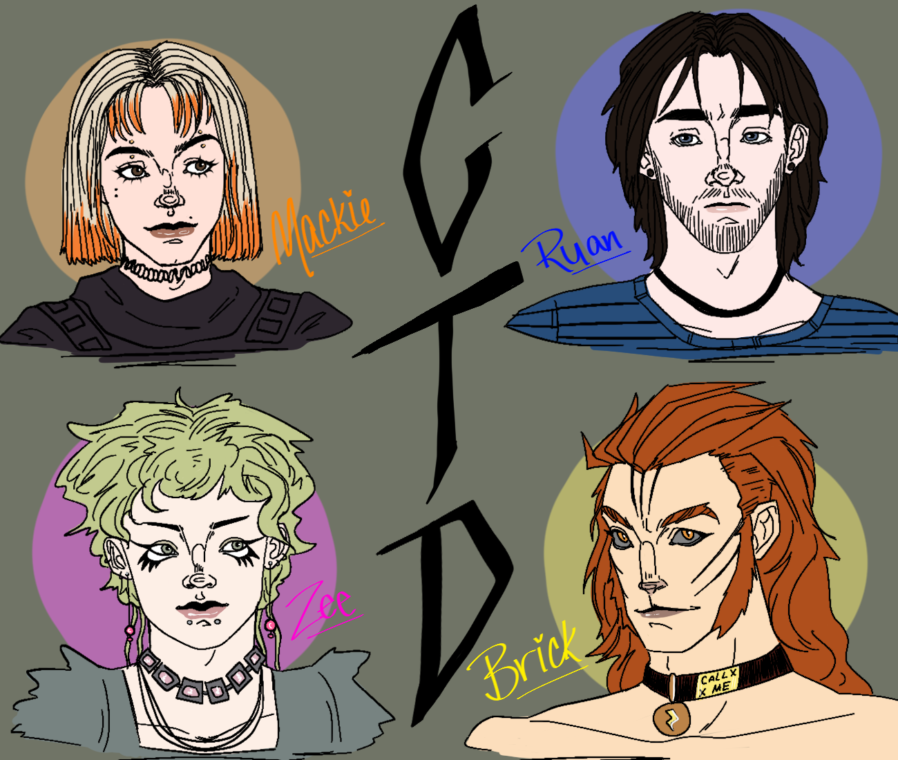 Colorful digital illustration of four characters with their names: Mackie, Ryan, Zee, and Brick, arranged around a central black symbol.