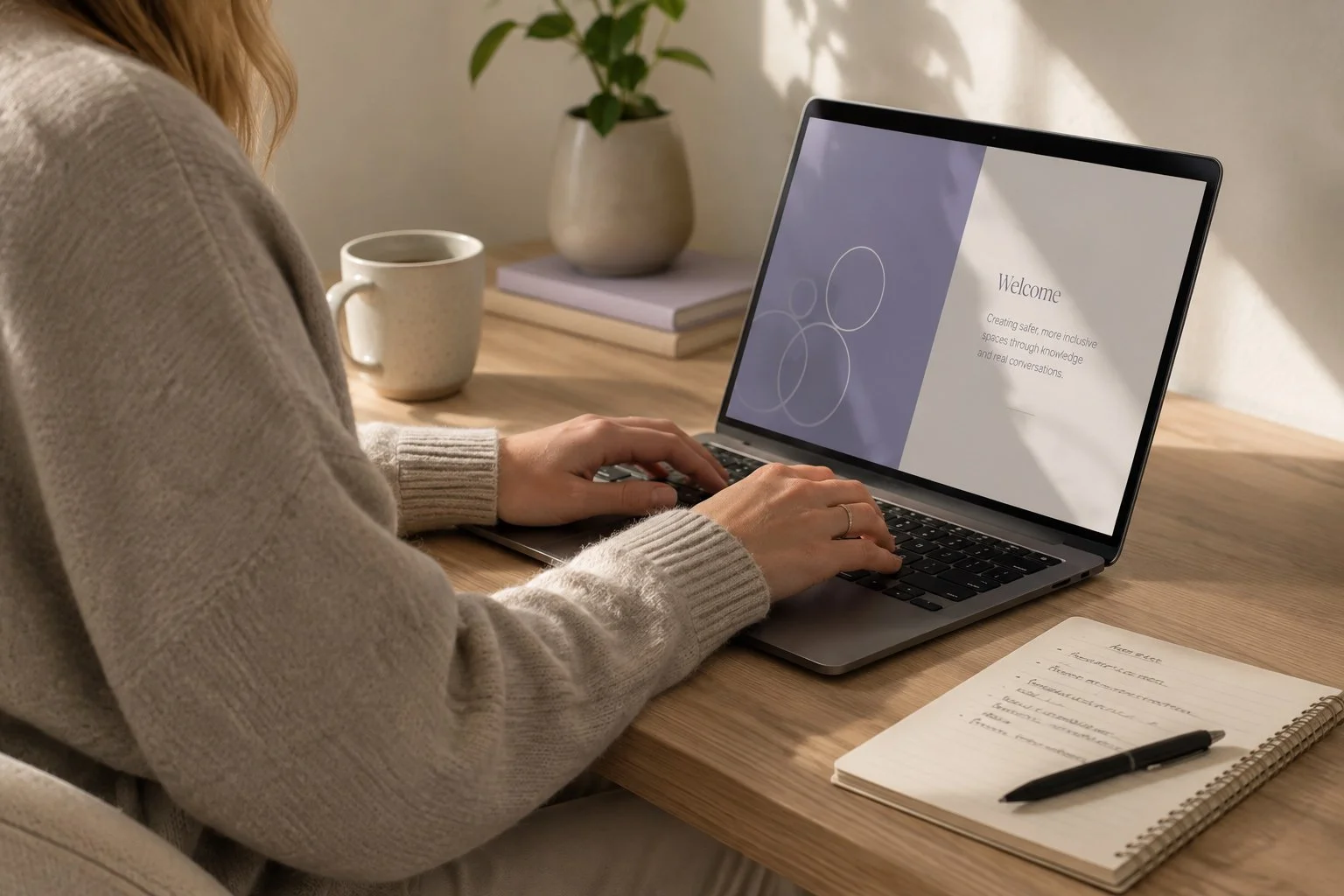 A person in a beige sweater working on a silver laptop at a wooden desk with a cup, a notebook, a pen, a potted plant, and a closed book.