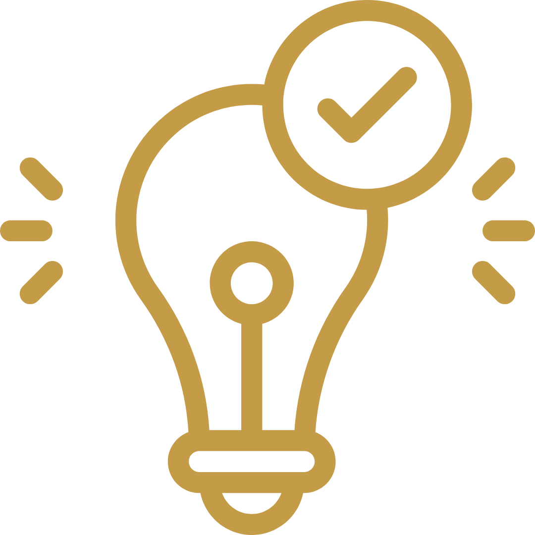 Gold outline of a lightbulb with a checkmark inside a circle above it, representing a verified idea or innovation.