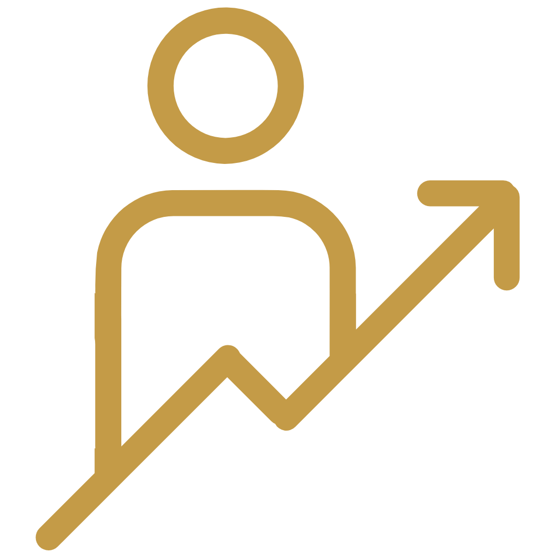 Gold icon of a person with an upward trending arrow, symbolizing growth or improvement.