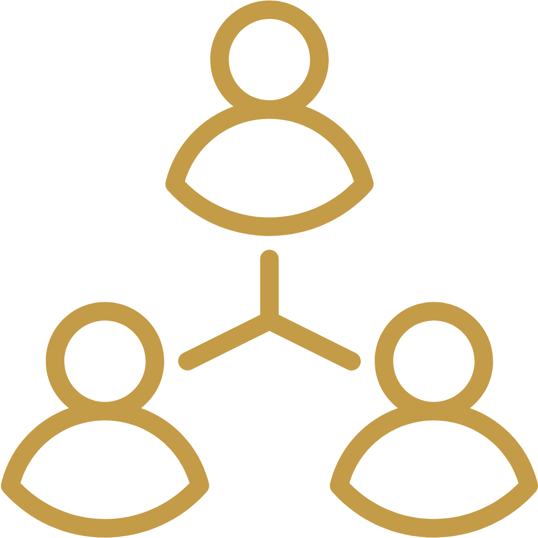 Gold outline icon of three connected people forming a triangle, representing teamwork or collaboration.