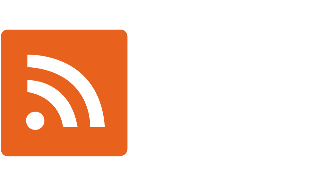 RSS logo with orange square icon containing white waves and a dot, next to the word 'RSS' in white text.