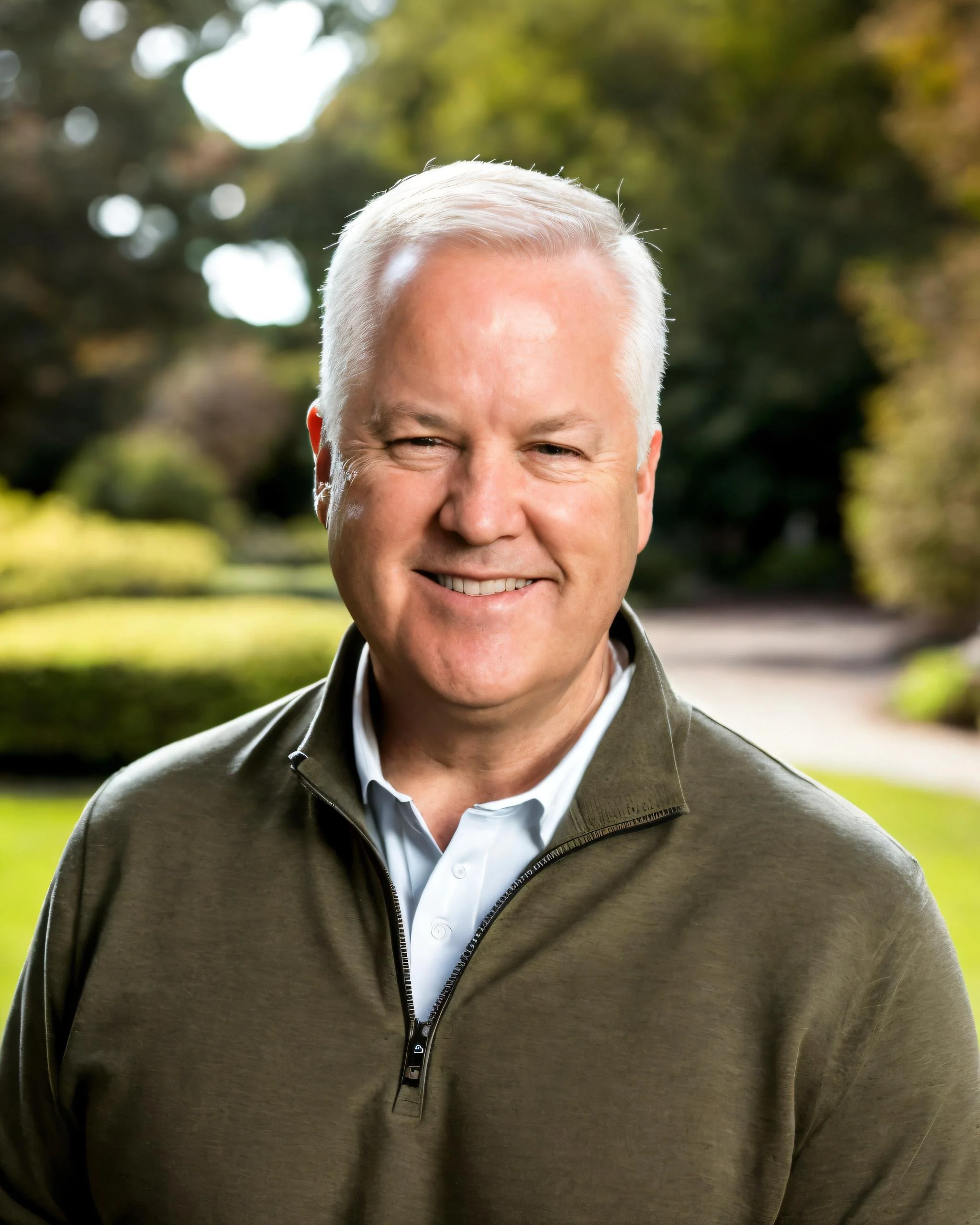 Close-up of a smiling middle-aged man with white hair, wearing a zip-up jacket over a collared shirt, standing outdoors with green trees and blurred background.