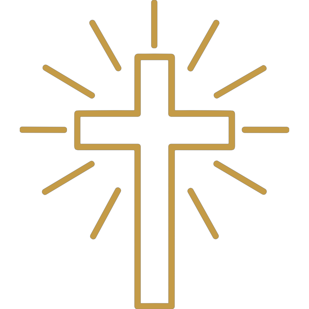 Golden outline of a cross with lines radiating outward, symbolizing a shining or radiant cross.