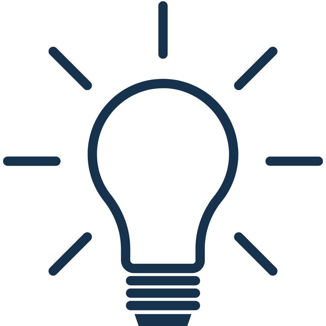 Line drawing of a light bulb with rays emanating from it.