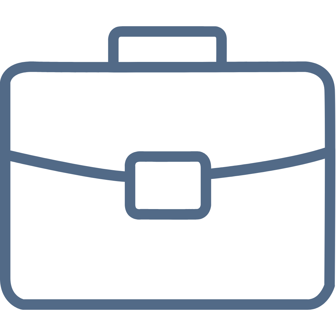 Simple outline of a briefcase with handle and buckle in blue.