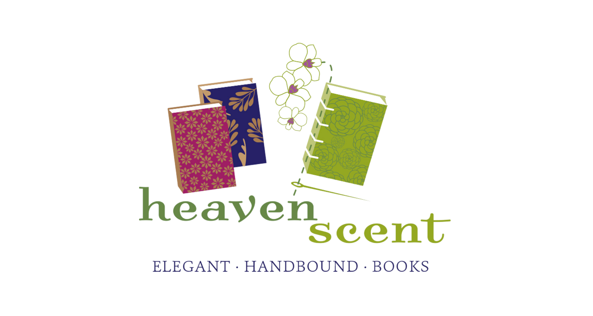Colorful text logo with patterned gift boxes, reading "heaven scent" and "elegant handbound books."