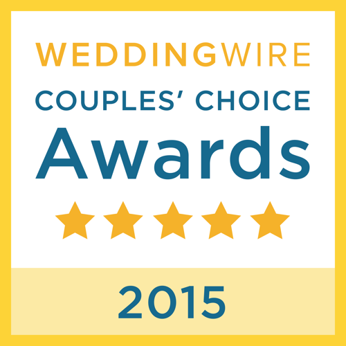 WeddingWire Couples' Choice Awards 2015 badge with five gold stars on a yellow and white background.