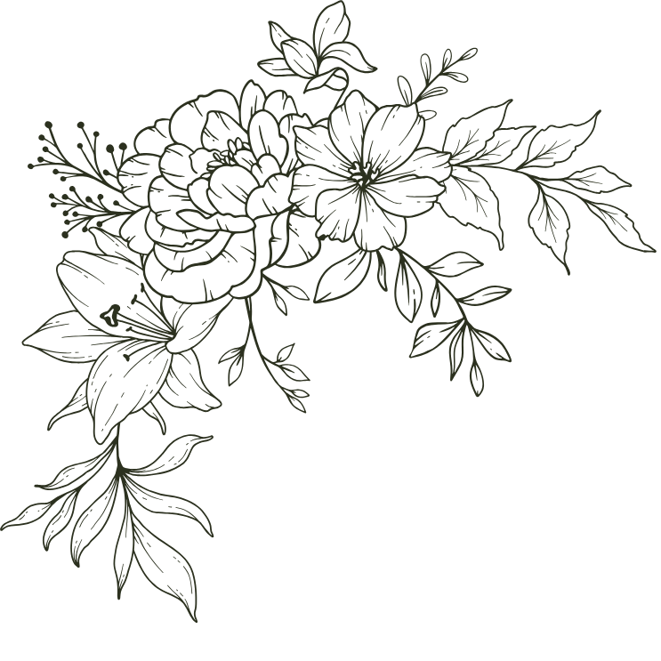 Line drawing of a floral arrangement with roses, lilies, and other flowers and leaves on a black background.