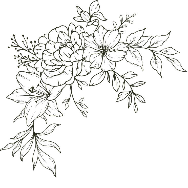 Floral line art design with detailed flowers and leaves in a corner layout.
