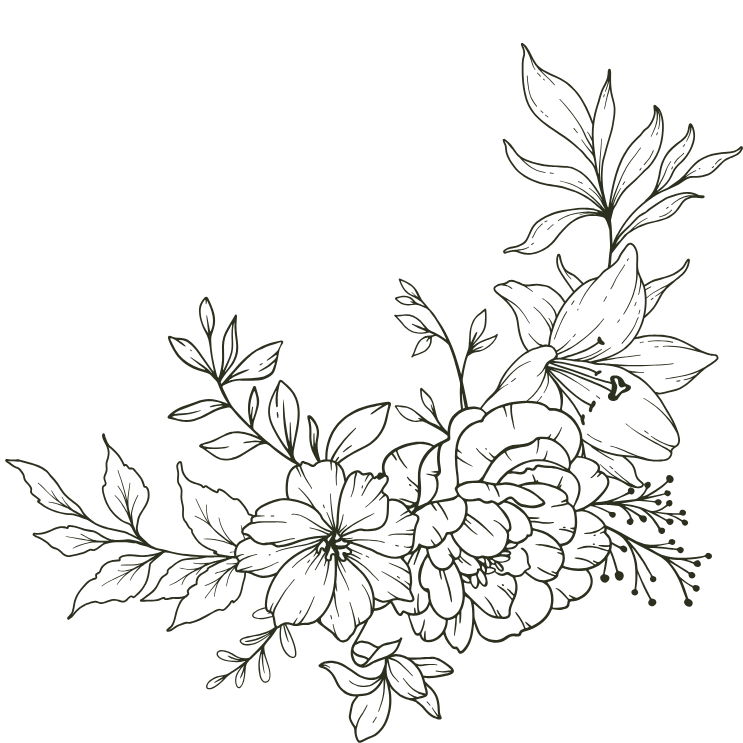 Outline drawing of a floral arrangement with leaves.