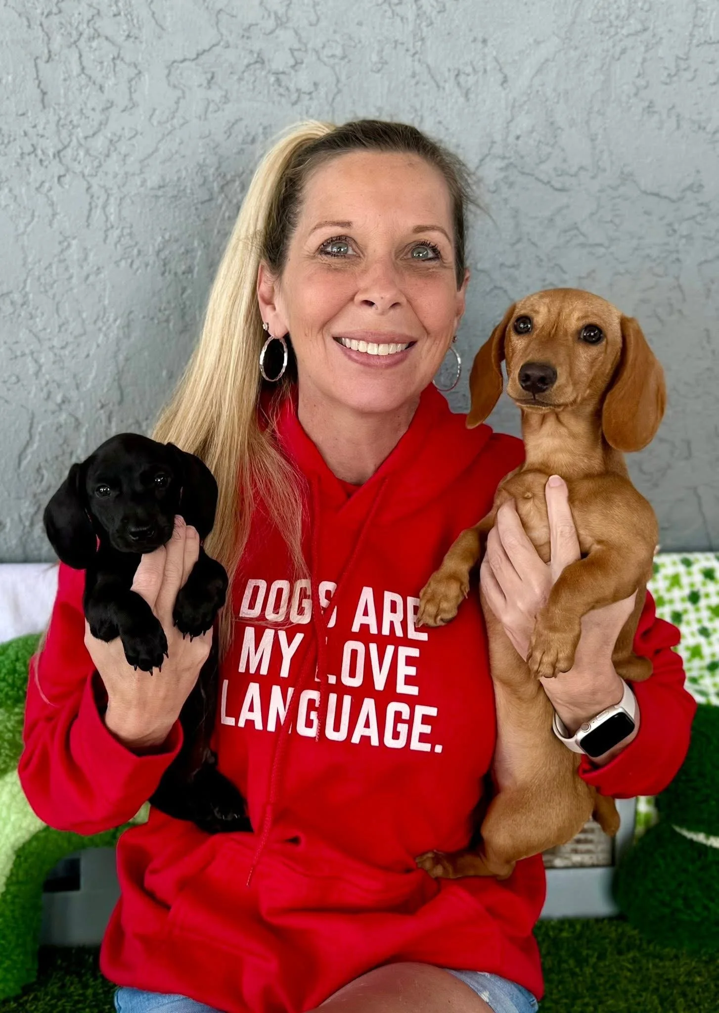 A woman with long blonde hair and earrings holding two small dogs, one black and one brown, in front of a gray wall. She is smiling and wearing a red hoodie with white text.
