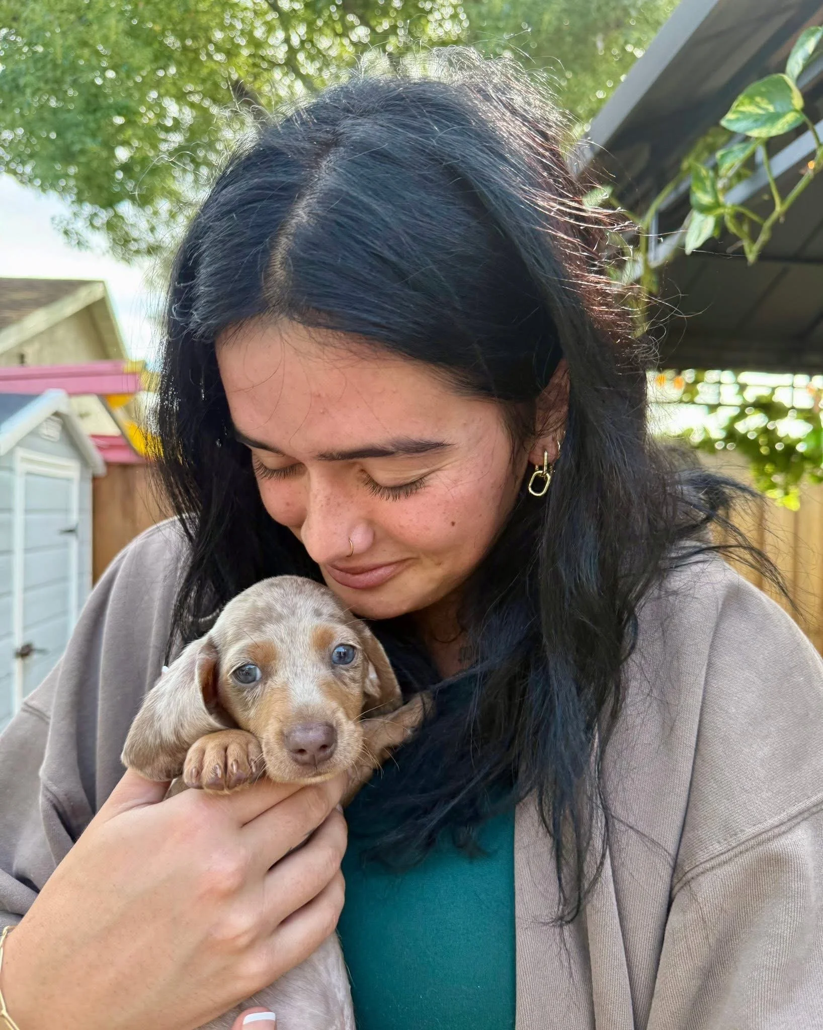 A woman with black hair, tan skin, and wearing a beige jacket is holding a light brown puppy with blue eyes. The woman has a nose piercing and gold hoop earrings, and is smiling with closed eyes. The image is outdoors with green trees, a shed, and a 
