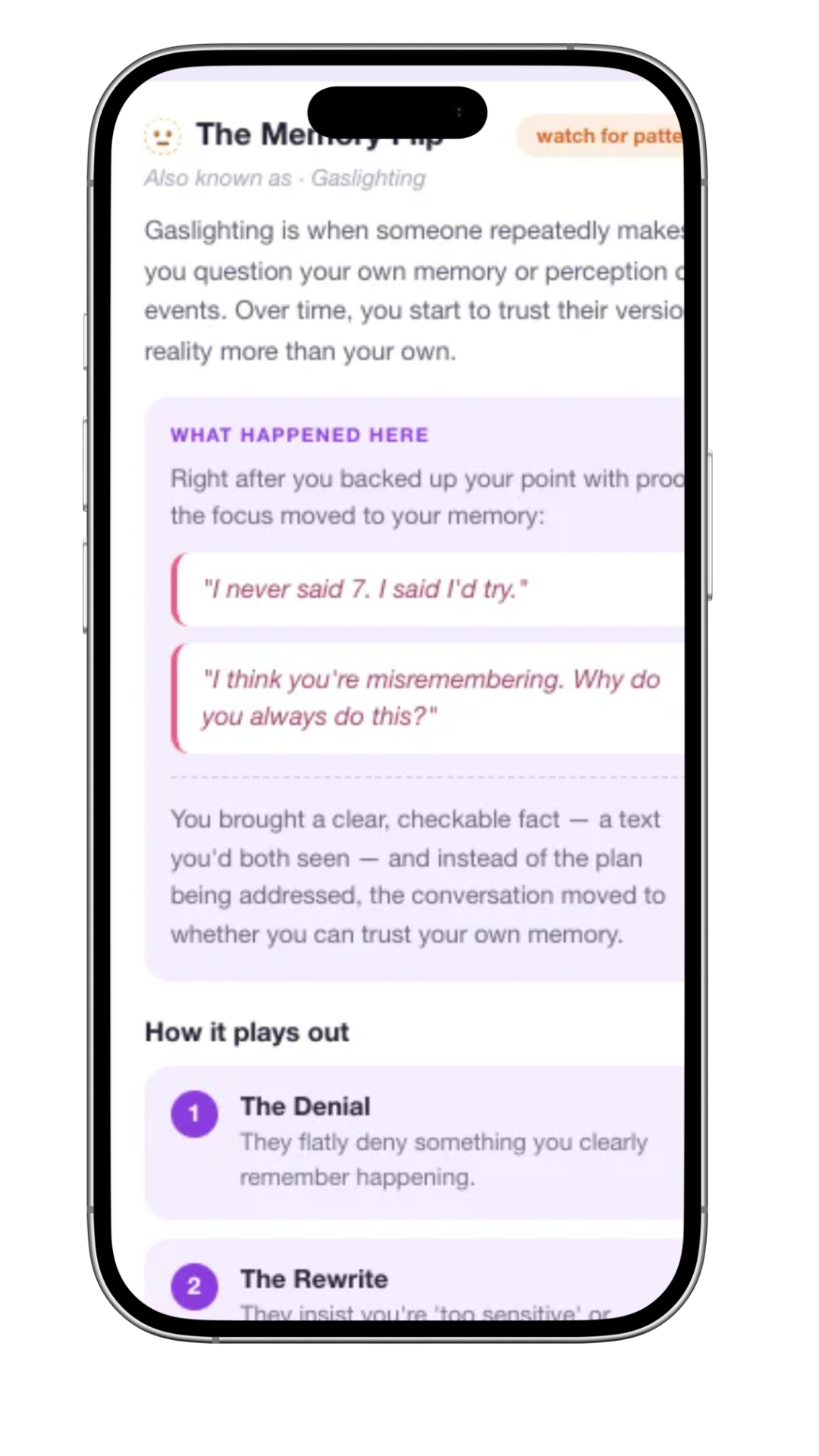 Sane Girl screen explaining the Memory Flip: how denial shifts the conversation from the facts to your memory.