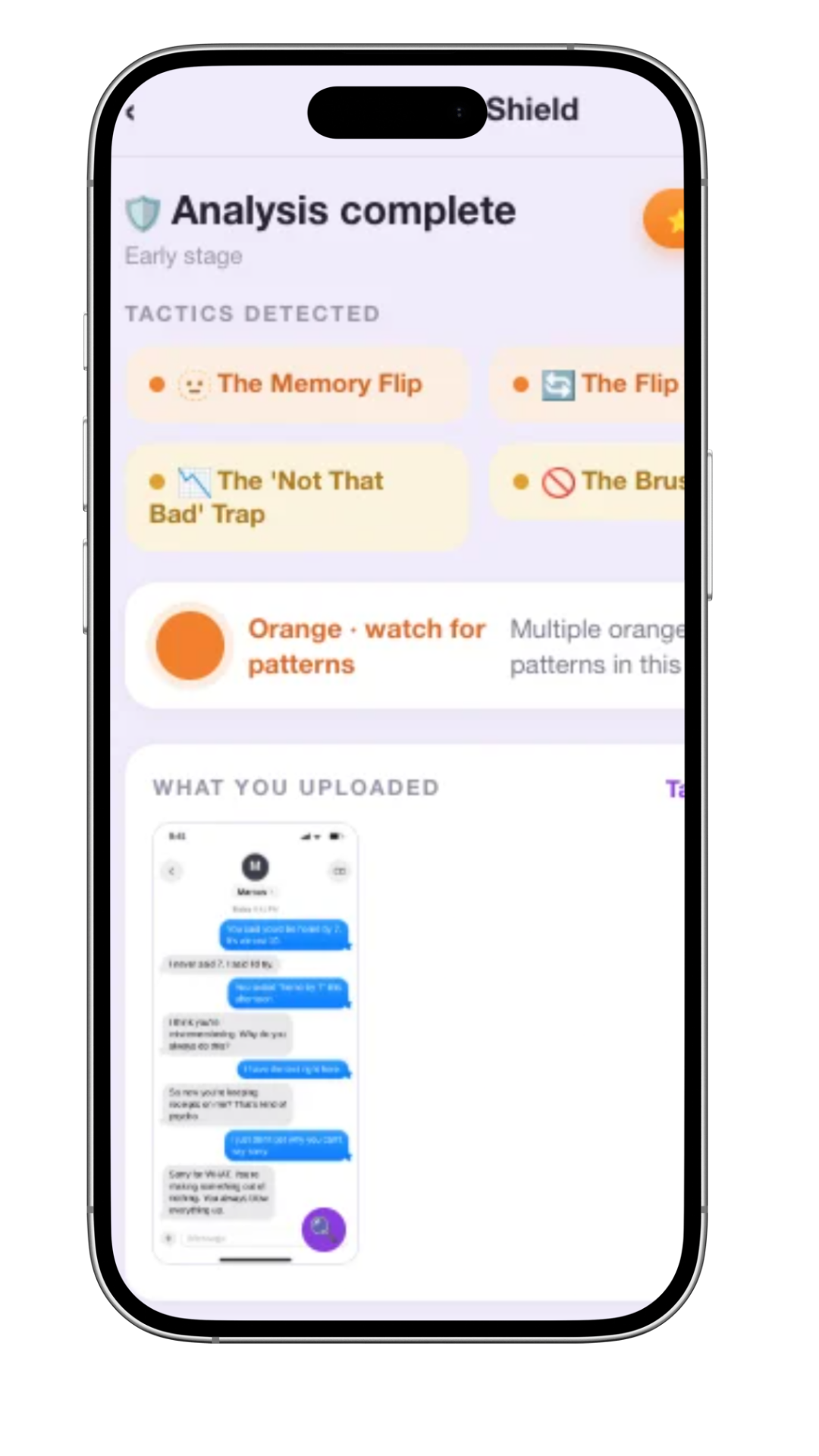 Clarity Shield analysis screen listing manipulation tactics detected, including the Memory Flip.