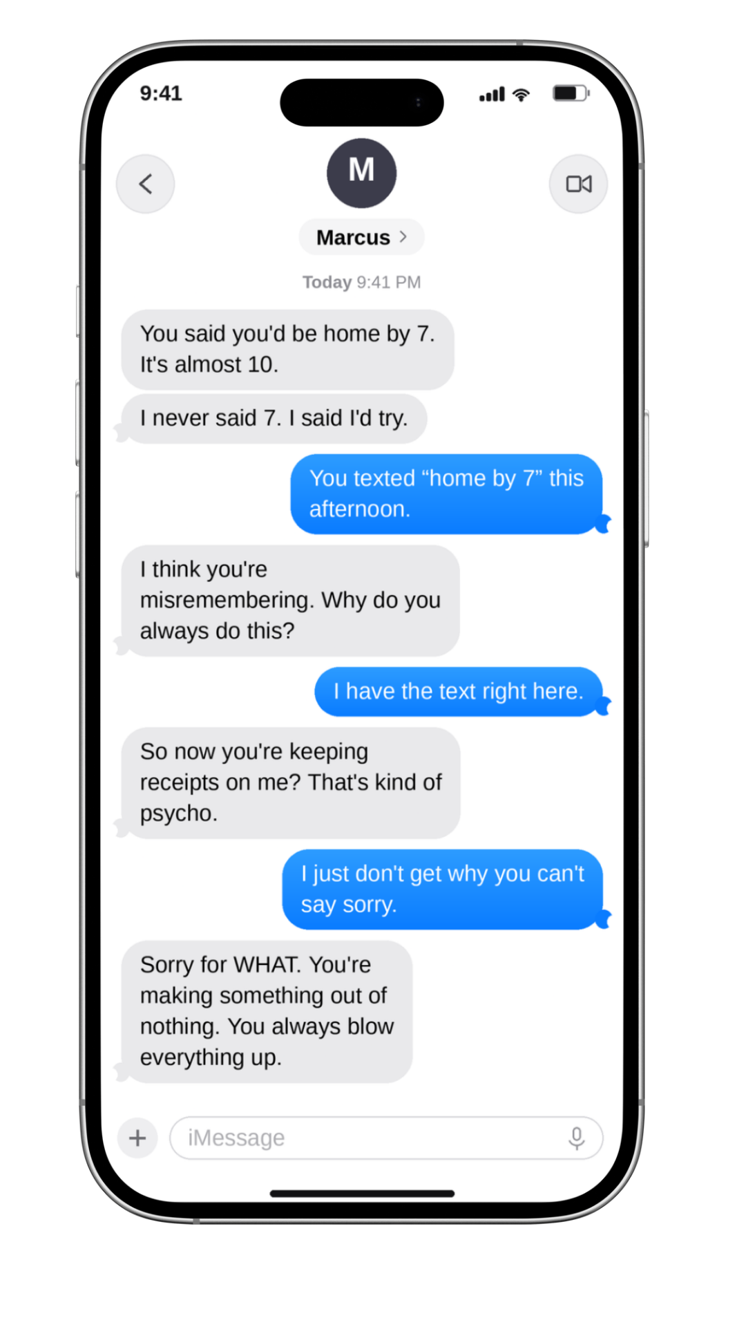Sane Girl app screen showing a pasted iMessage conversation with denial messages.