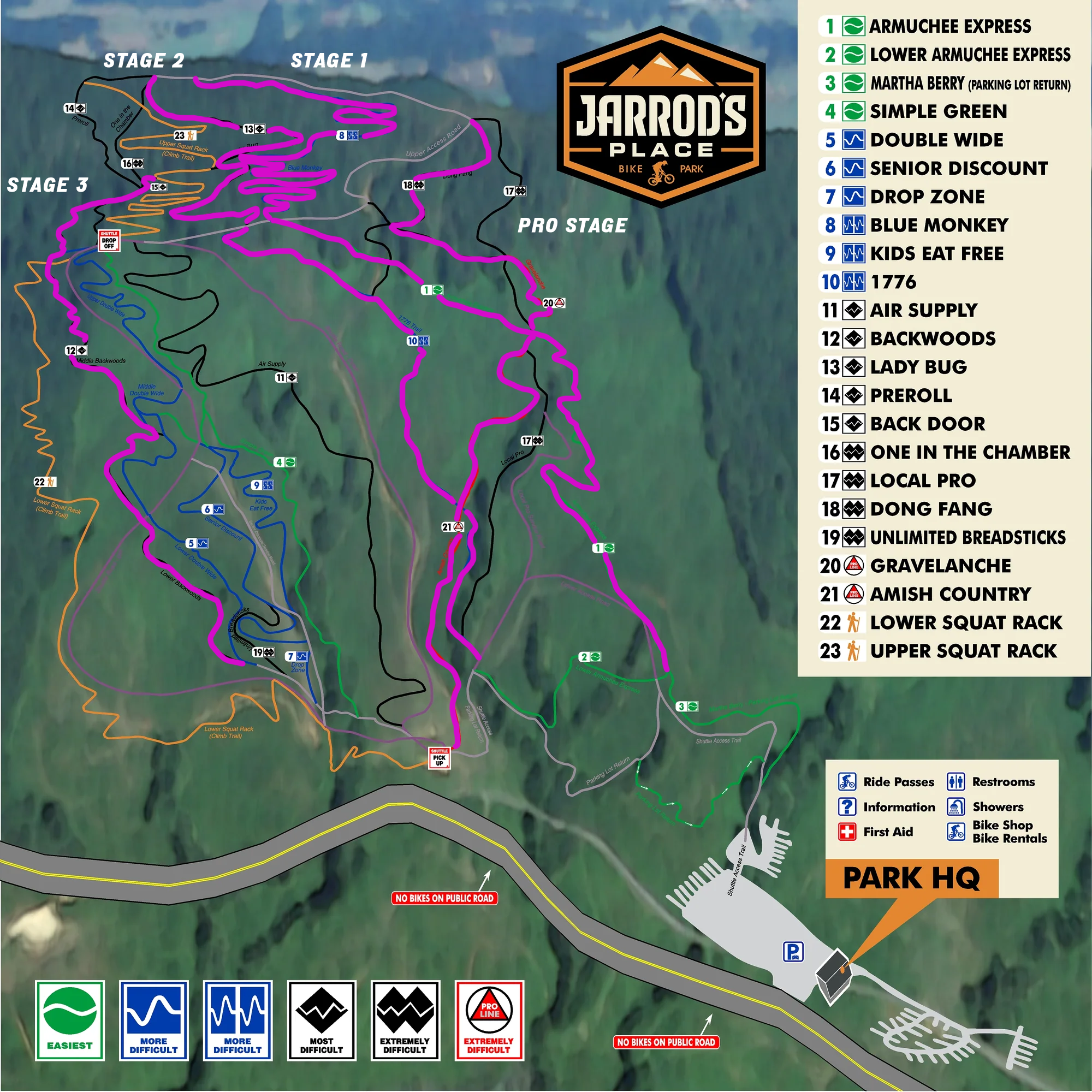 Map of Jarrod's Place bike park showing various trails and stages with color-coded difficulty levels. Key features include multiple stages, a park HQ building, shuttle pick-up and drop-off points, parking areas, restrooms, info stations, showers, bike shop, bike rentals, and a no bikes on public road warning.