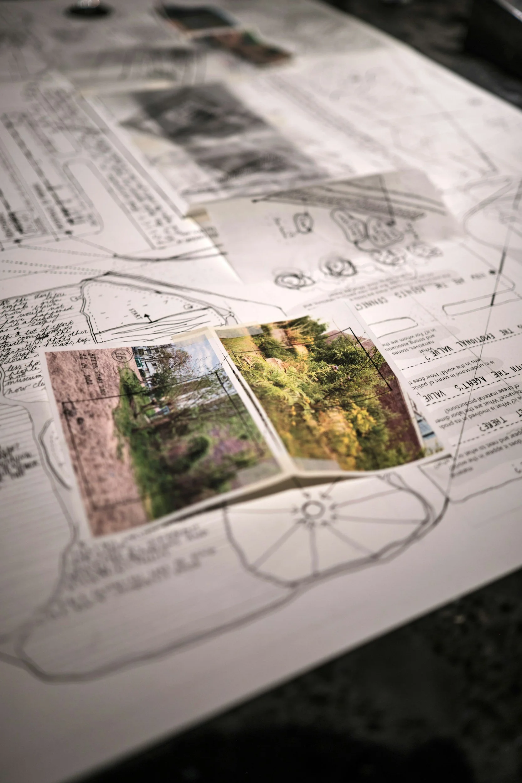A printed sheet with architectural drawings and color photographs overlaid on top, depicting a building and landscape.
