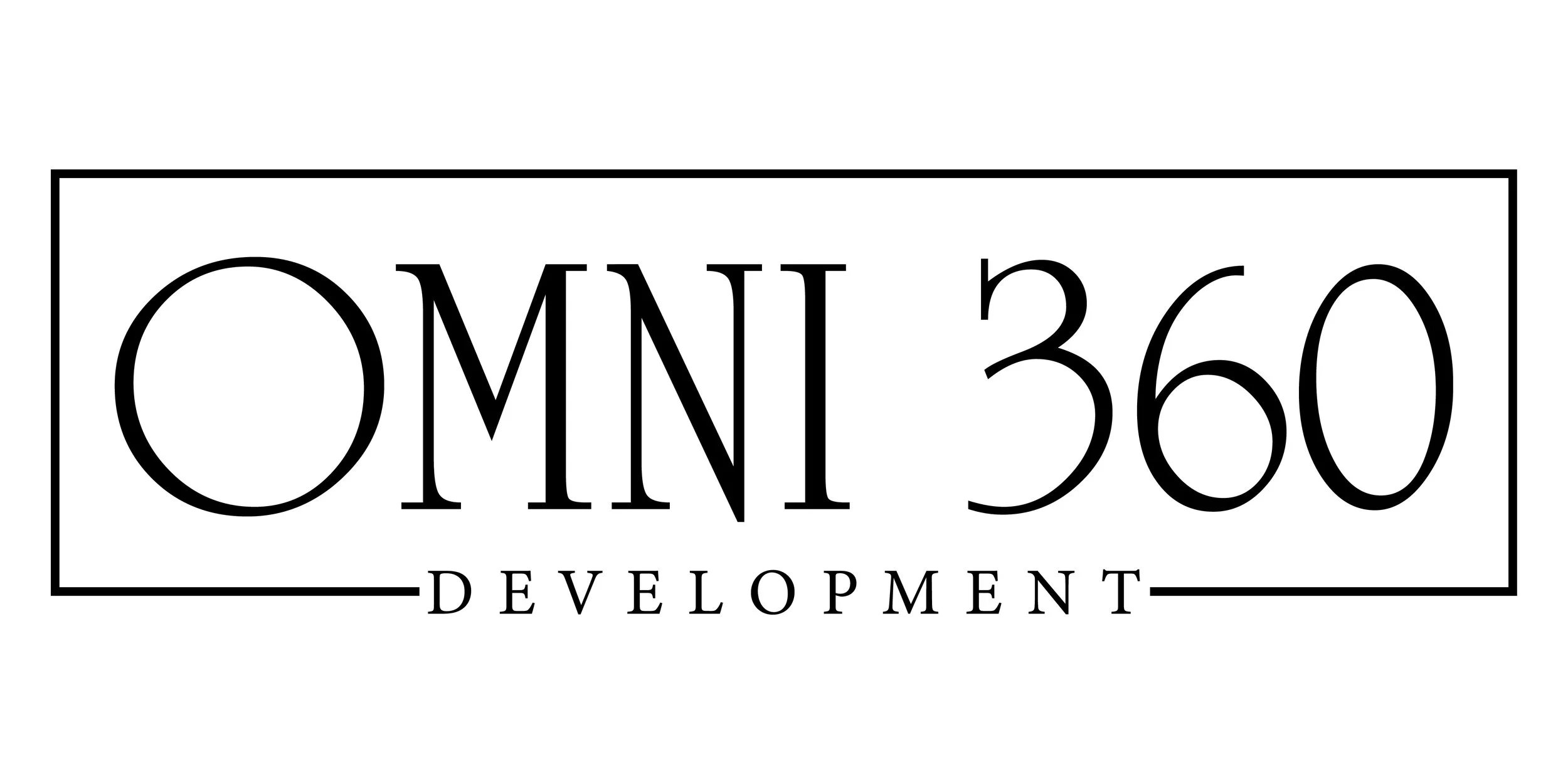 Logo for Omnip360 Development with the name in large black letters in a rectangular outline.