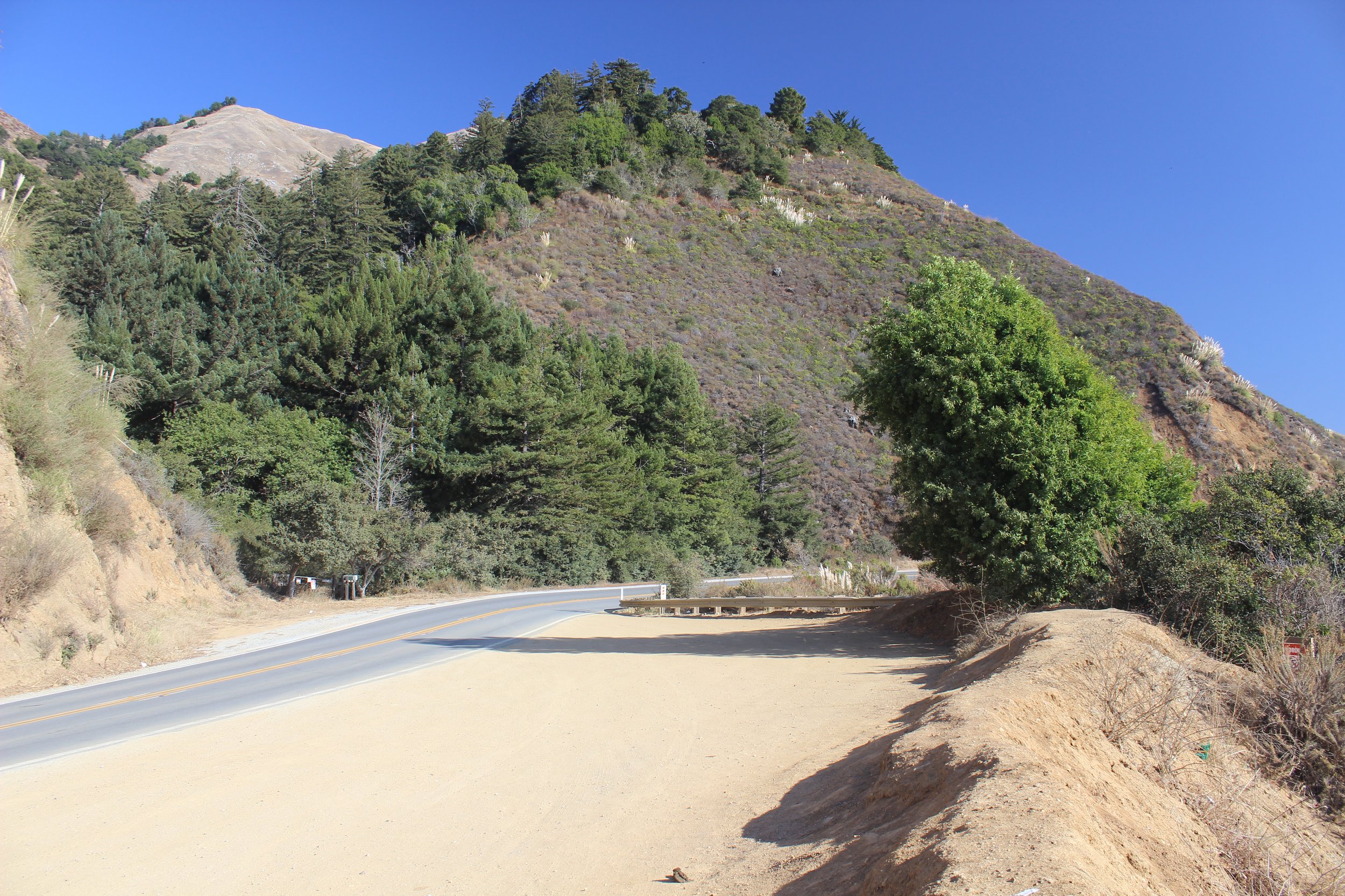 A winding mountain road with a mix of green trees and dry shrubbery on slopes, under a clear blue sky.