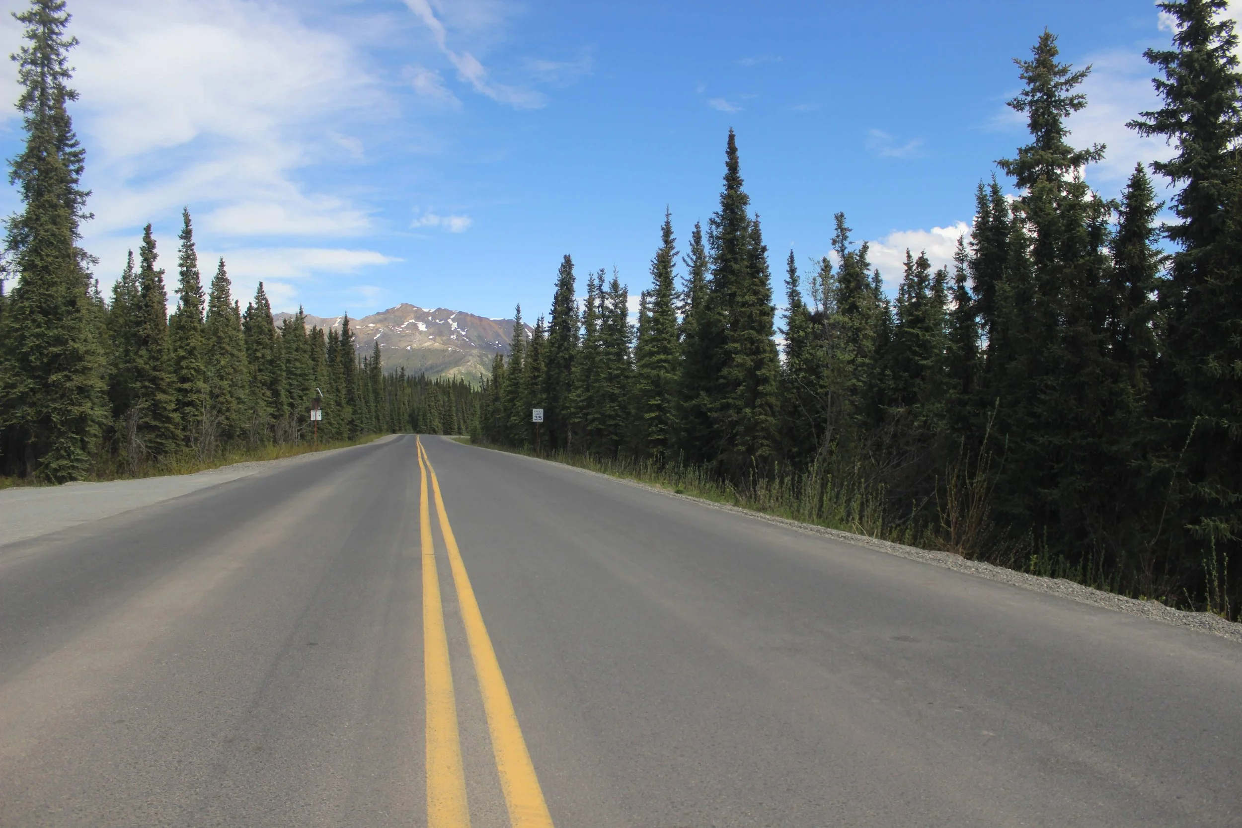 Paved road with yellow dividing lines, surrounded by dense evergreen trees, with mountains in the background under a partly cloudy blue sky.