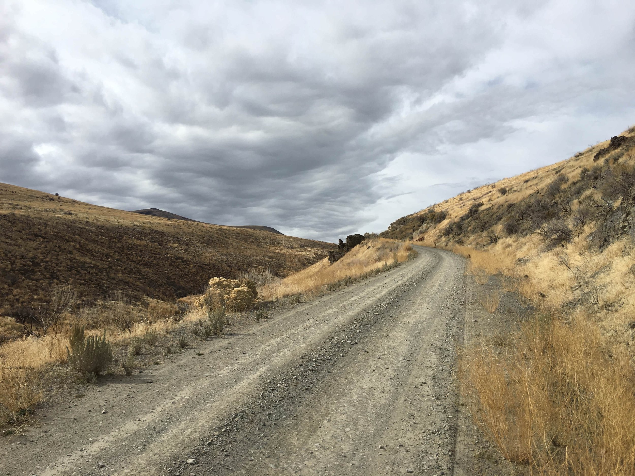 A dirt road winds through a hilly landscape with dry grass and sparse bushes under a cloudy sky.