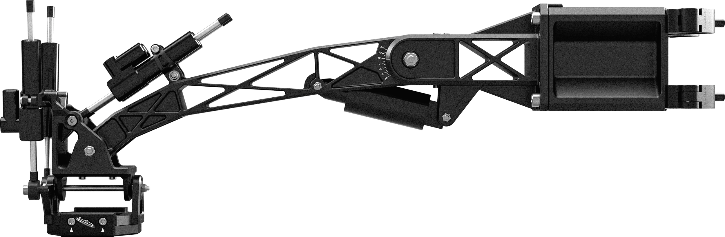 Side view of a camera gimbal stabilizer with a black frame and electronic components.