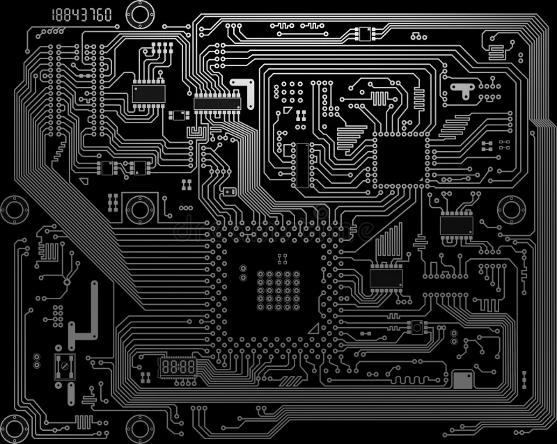 Black and white printed circuit board (PCB) with various electronic components, traces, and mounting holes