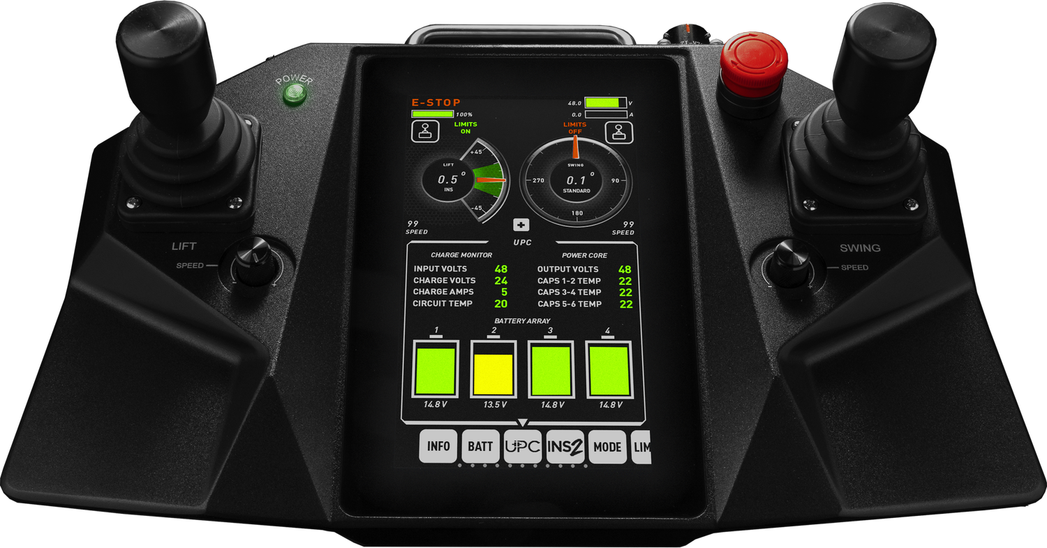 A remote control panel for an electric vehicle, featuring dual control sticks labeled 'Lift' and 'Swing,' numeric gauges displaying voltage, temperature, and swing angle, and a digital display showing charge and power statistics.