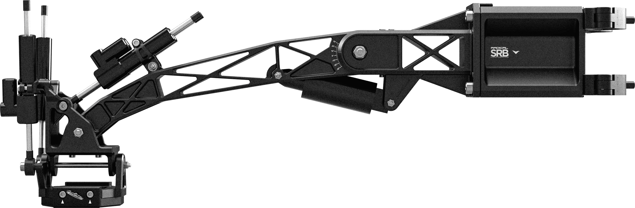 A professional camera stabilizer rig with a camera mounted on it, featuring a black and silver design, multiple joints, and adjustment knobs.